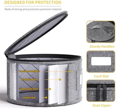 YearningHome China Storage Containers,4 Piece Set,Hard Shell Moving Boxes for Dishes,Plate,Dinnerware,Saucers Quilted Organizer Dividers for Packing Fine China Storage Containers,Grey - Image 3