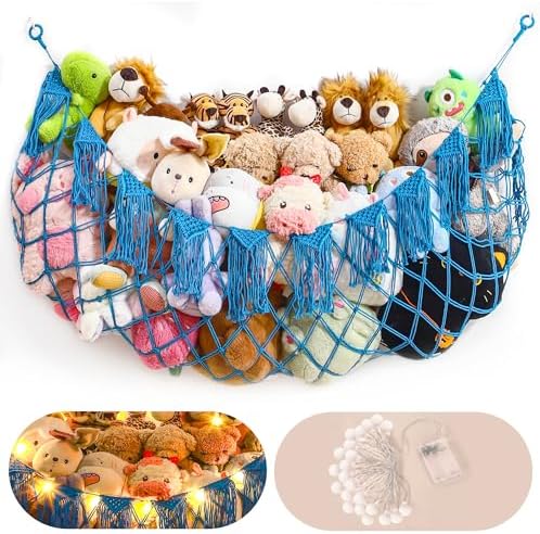 Boho Stuffed Animal Hammock, Falt Wall or Corner Hanging, Blue, XL by MORCCO