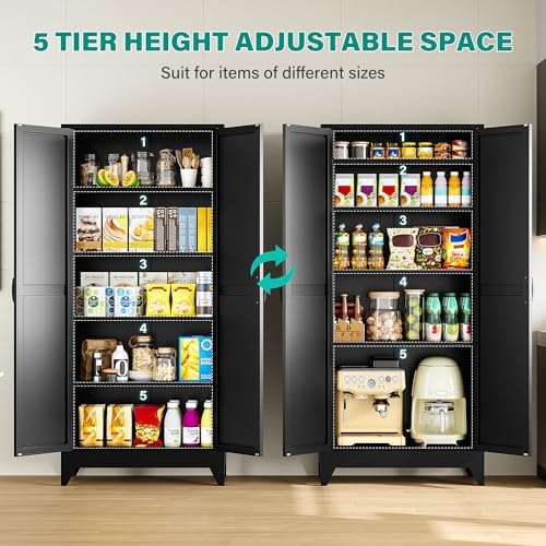SISESOL 75" Tall Pantry Cabinet,Farmhouse Kitchen Pantry Storage Cabinets with 2 Doors and 4 Shelves,Black Metal Storage Cabinet,Large Cupboard for Home,Kitchen,Dining/Living Room - Image 5