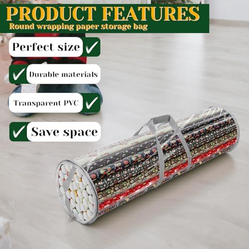 Homakover Clear PVC Christmas Wrapping Paper Organizer Storage, 30" Gift Wrap Organizer Zippered Storage, Fit for 18-25 Rolls (Grey) - Image 4