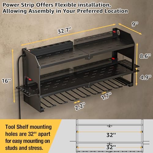 YYR Power Tool Organizer with Charging Station Wall Mount, Cordless Drill and Battery Holder for Garage Organization, Electric Tools Storage Rack Build in Surge Protection Power Strip - Black Shelf - Image 6