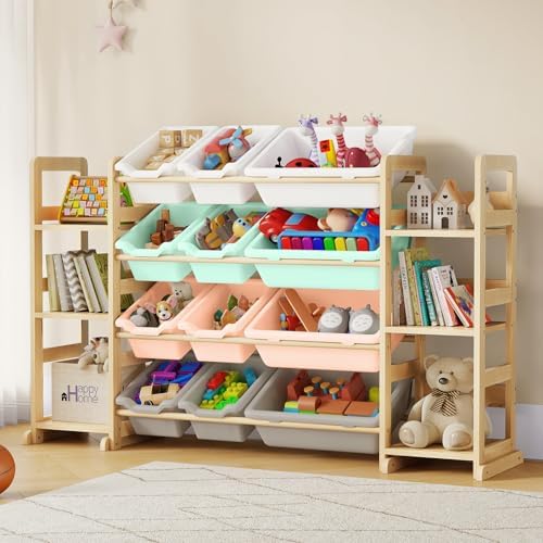 EXPERLAM Extra Large Toy Storage - Toy Storage Organizer, Wooden Toy Organizer with 6 Side Shelves and 12 Bins, 3-in-1 Bookshelf for Kids Rooms, Playroom, Nursery, Multi Color by EXPERLAM
