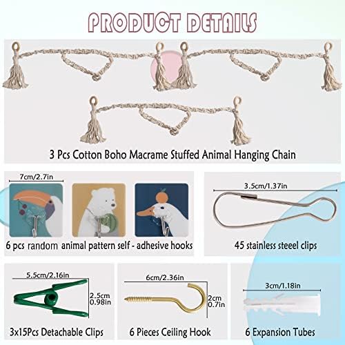 3 Pieces Stuffed Toy Chain Display Organizer Strong Toy Organizer Storage Chain Stuffed Animal Toy Holder Hanging with 45 Metal Clips 6 Ceiling Hook for Hanging Plush Toys Display - Image 6
