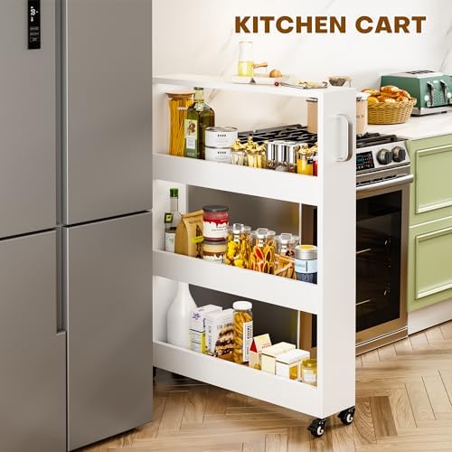 Slim Storage Cart, Lightweight 4 Tier Metal Rolling Utility Kitchen Cart on Wheels, Mobile Storage Shelving Unit Organizer for Bathroom Laundry Office Narrow Places (4 Tier-White, 6" D) - Image 2