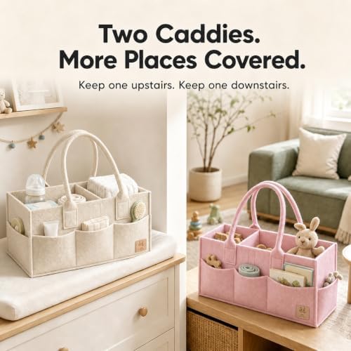HIPHOP PANDA 2-Pack Diaper Caddy Organizer - Nursery Storage Bin & Car Organizer for Diapers, Wipes, and Baby Essentials - Dual-Color Solid Set (Pink/Oatmeal), Regular Size - Image 5