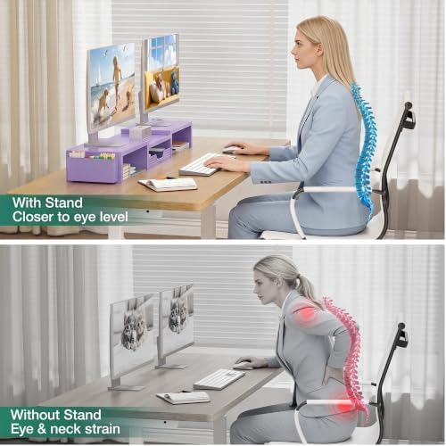 OPNICE Desk Organizer and Accessories, Computer Monitor Stand Riser with Drawer and 2 Pen Holders, Laptop Stand, Office Desk Accessories for Office Supplies, Purple - Image 3