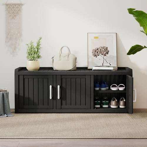 2-Tier Storage Bench, Waterproof UV-Resistant Outdoor Shoe Storage Cabinet with 3 Doors & Adjustable Shelves for Indoor Outdoor Entryway, Hallway, Living Room (Classic Black) - Image 2