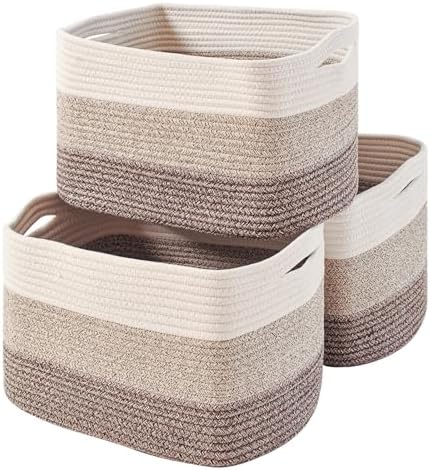 ICERZCZ Storage Baskets for Organizing Shelves, Woven Cotton Rope Bins for Baby Nursery Organization, Book Toy Towel Organizer, 15"x11"x9.5", 3 Packs, Gradient Brown by ICERZCZ