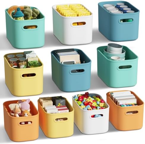 ORGIDOL 10 Pack Colorful Plastic Storage Bins, Storage Container for Organizing, Colored Storage Boxes with Handle for Shelves, Cute Organizer Bins for Craft, Snacks, Cabinet, 9.69x6.7x5.7 inch by ORGIDOL