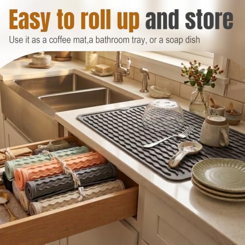 2 Pack Silicone Dish Drying Mat for Kitchen Counter Shower Caddy Rack Waterproof Under Sink Placemats Trivets Coffee Bar Accessories Dog Food Items Must Haves Extra Large 24"x18" Gray - Image 3