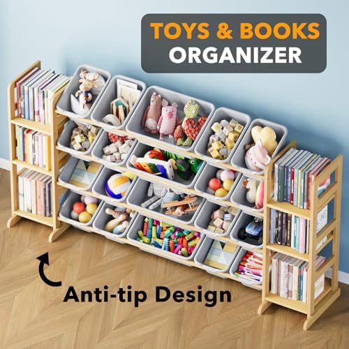 SpaceAid Toy Storage Organizer with 6 Shelves and 20 Bins, Toy Organizers Storage Bookshelf, Kids Bin Shelf Toys Box Bookcase for Bedroom Playroom Organization Room Decor, Neutral Gray - Image 4