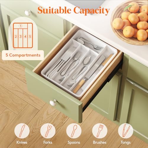 Lifewit Silverware Drawer Organizer Tray, Plastic Cutlery Storage for Kitchen, Flatware and Utensil Holder Divider for Spoons Forks Knives Tableware, 9.5 x 13.4", 5 Slots, White - Image 3