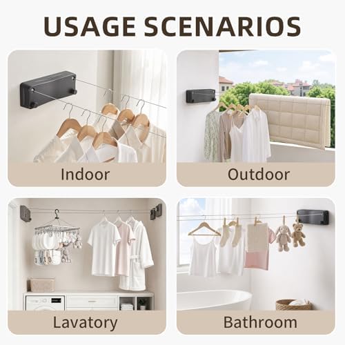 Anti-Sag Retractable Clothesline 40LB Capacity - 201in Stainless Steel Laundry Line for Indoor Outdoor, Wall Mounted Space Saving Easy Install (Gray, Double Lines) - Image 6