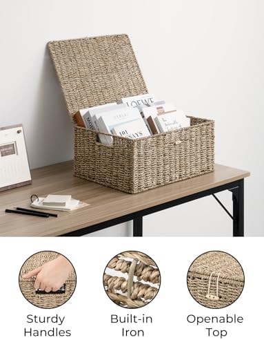 StorageWorks Wicker Basket with Lid, Storage Baskets with Lids, Seagrass - Image 3