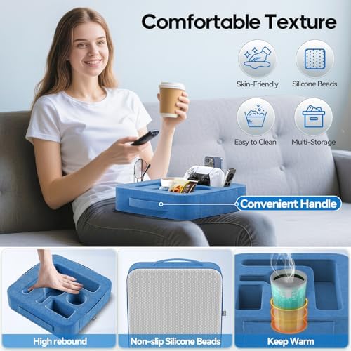 Couch Cup Holder Pillow, Sofa and Bed Caddy for iPad, Kindle, Switch, Game Controller, Remotes, Phones, Small-Sized Cup and Drink Holder for Couch, Bed, Desk, Car, Beach, Bathroom Cup Holder, Blue - Image 5