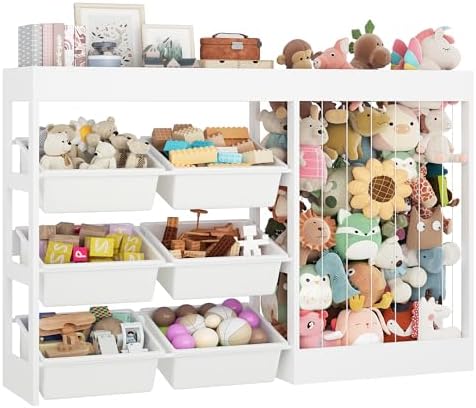 50.6"Wx39.4"H Toy Storage Organizer, Toy Shelf with Stuffed Animal Storage Zoo for 80+ Plushies, 6 Removable Plastic Bins, Wooden Organization for Playroom, Nursery(White) by VortinT