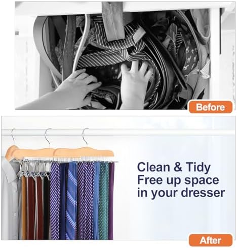 TOPIA HANGER Tie Rack Hanger for Closet 2 Packs, Wooden Tie Organizer for Men with 24 Folding Hooks, Space Saving Necktie Holder for Storage and Display Bra, Tank Top, Camisole (Natural) - CT14N-2 - Image 4