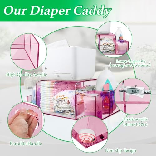 NANYEZH Acrylic Diaper Caddy, Baby Wipes Organizer for Changing Table, Dresser Top Tabletop Organizer with 4 Detachable Compartments, Anti-slip Rubber Feet, Newborn Baby Essentials, Red - Image 4