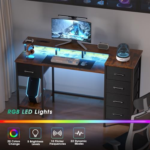 Korfile 47 Inch Computer Desk with Power Outlets,LED,5 Drawers,Rustic Brown - Image 6