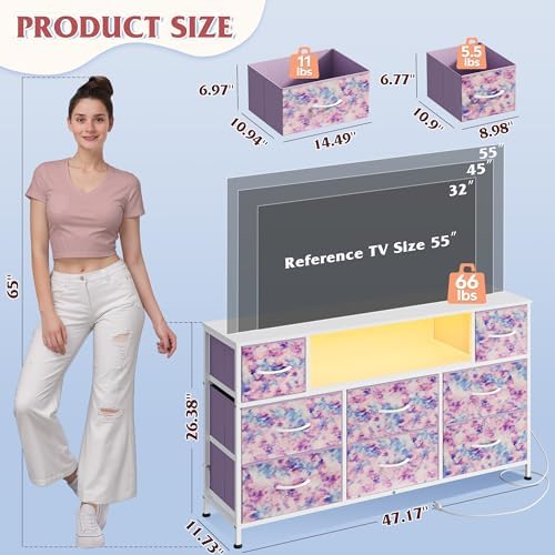 WLIVE LED Dresser TV Stand for 55 Inch TV, 8 Fabric Drawers, Tie-Dye - Image 2