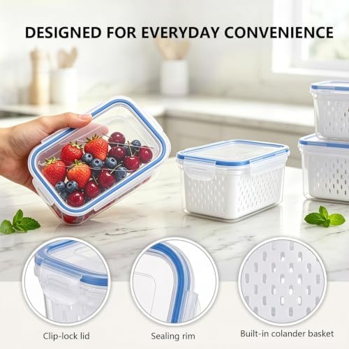 3 Pack Fruit Storage Containers for Fridge with Removable Colander and Lids - Image 3