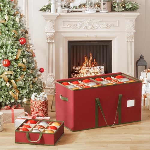 Large Christmas Ornament Storage Box, Dual Zippers, Stackable Christmas Storage Container with Clear Top Lid, 6 Trays, 600D Oxford, Fits 54-4”, Red - Image 2