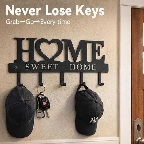 Entryway Wall Key Holder with 5 Hooks, Metal Key Rack Wall Mount for Keys, Bags and Leashes, Decorative Organizer for Entryway, Mudroom or Hallway, Sweet Home Design, 9.8 inches, Black - Image 3