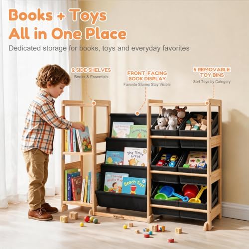 Kids Bookshelf & Toy Storage Organizer with 5 Gray Bins - Image 3