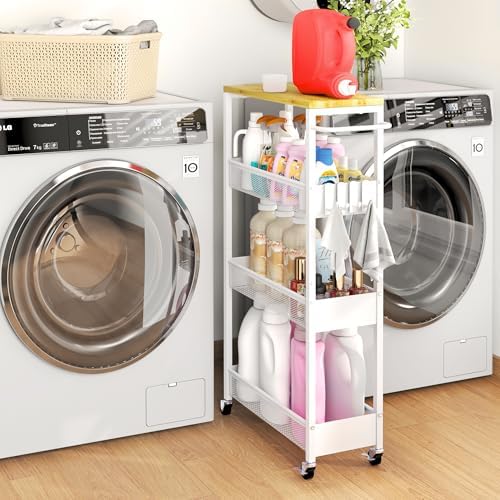 7.1" Wide Slim Storage Cart on Wheels, 4 Tier Metal Narrow Rolling Cart with Handle and Wood Top, Multifunctional Small Mobile Shelf Unit Organizer Trolley for Laundry, Bathroom, Kitchen by Vincona