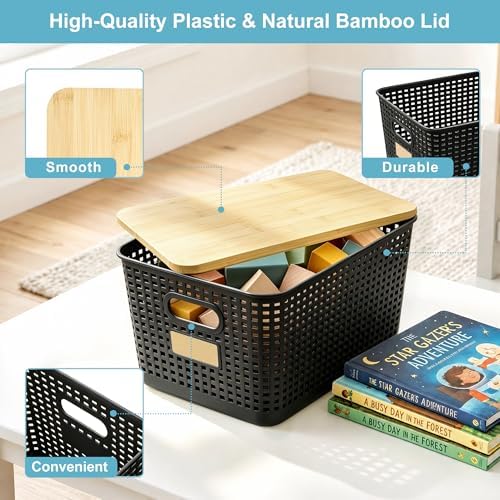 Bagnizer 2 Pack Tall Plastic Storage Bins with Bamboo Lids, 10.8qt Stackable Storages Baskets for Organizing Desktop Closet Playroom Classroom Office, 12"L x 8.3"W x 6.1"H, Black - Image 3