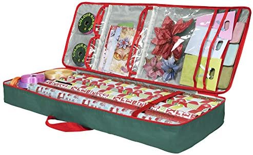Christmas Wrapping Paper Storage Box with Pockets | Long Gift Wrap Storage Container Bag (37” x 14” x 4”) Constructed of Durable 600D Oxford Material (Green) by Primode