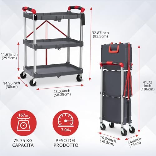 Heavy Duty 3-Tier Collapsible Utility Cart for Office & Home – Collapsible Rolling Service Cart, 56 lb Capacity, No Assembly, Lockable Wheels, Multi-Purpose Organizer, Grey - Image 2
