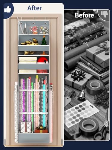 Hanging Gift Wrapping Paper Storage, Christmas Wrapper Bag Container, Long Craft Roll Organizer, Present Wrap Holder for Closet, Door (Gray) - Image 2