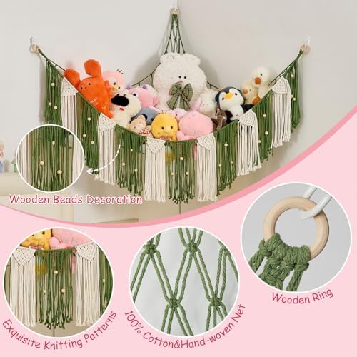 Pretty Jolly Stuffed Animal Hammock with Weaving Tassels and Beads Avocado Green - Image 2