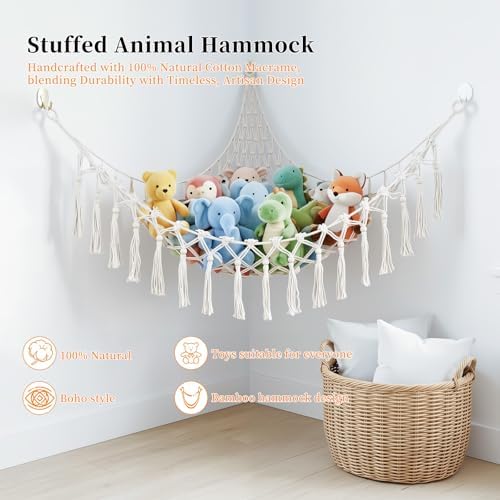 Stuffed Animal Storage Hammock, Ivory Hand-Woven Corner Net - Image 3