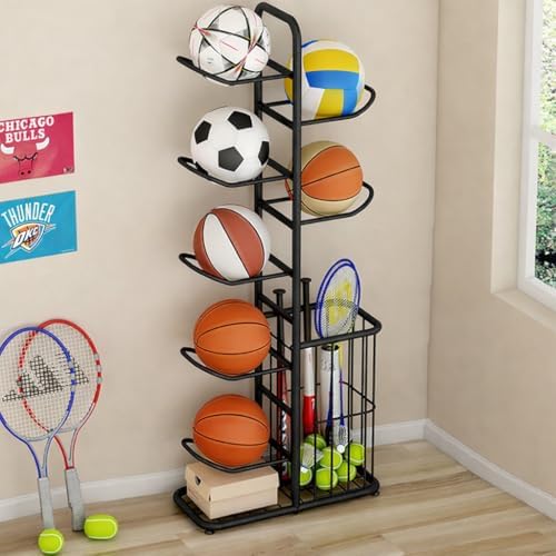 7-Ball Sports Equipment Storage Rack with Ball Holder and Basketball Rack, Athletic Gear Organizer ball Stand - Organize Toys, Sports Gear and More, 57.5" (Black) - Image 3
