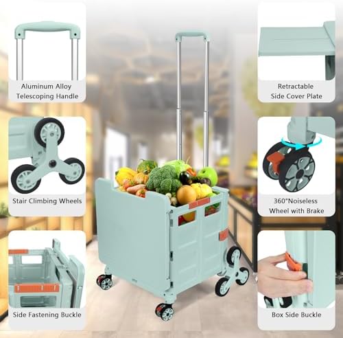 Foldable Utility Cart Collapsible Portable Crate Rolling Carts with Stair Climbing Wheels Tote Basket with Magnetic Lid Telescopic Cover Wear-Resistant 360°Rotate Wheel Noiseless for Shopping Office - Image 4