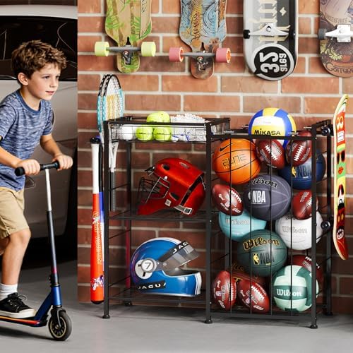 Sports Equipment Organizer, Ball Storage Rack with Elastic Straps and Removable Basket for Garage Organization, Garage Organizer with Hooks for Toy Sports Gear Storage, Sports Ball Storage Cart, Black - Image 4
