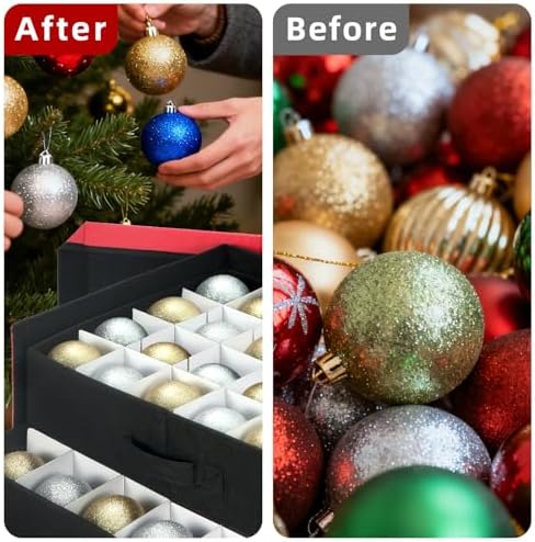 inin Christmas Ornament Storage Box with Adjustable Dividers,Stackable Drawer Ornament Organizers,Ornaments Storage Container Bin with Lid for Xmas Decorations (72 Ball, Red, with Removable Tray) - Image 5