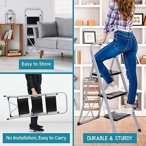 ZENY 3 Step Ladder Folding Step Stool with Wide Anti-Slip Pedal, Convenient Handgrip, Portable Steel Step Stool, 300 lbs Sturdy Steel Ladder for Household and Office - Image 3