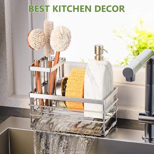 Cisily Sink Caddy Sponge Holder for Kitchen with Brush Holder and Stainless Steel Self Drain Tray, Rustproof Kitchen Sink Organizer for Sponge, Soap Dispenser Storage Accessories - Image 7