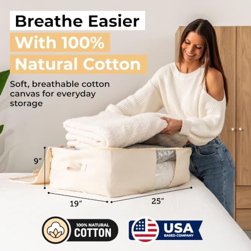 Soft Canvas Storage Bags with Zipper. Thick Breathable, 1pc King/Queen Comforter Organizer. Four Carrying Handles and Window. Large 25x19x9in Bag for Sheets Blankets Bedding Pillows, Clothes - Image 2