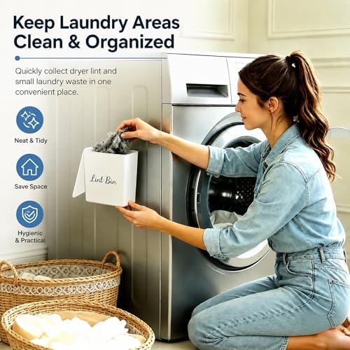 Magnetic Lint Bin with Lid for Laundry Room, Compact Plastic Dryer Lint Holder, Small Laundry Trash Container for Dryer Lint & Used Dryer Sheets, Space Saving Storage Decor Organizer (White) - Image 3