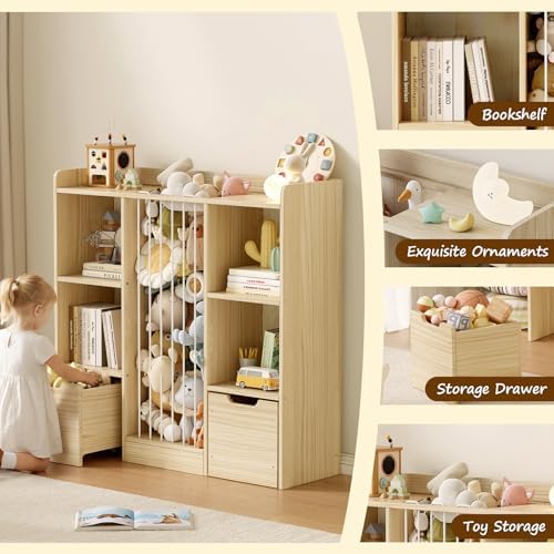 Toy Storage Organizer with Stuffed Animal Storage, Solid Pine Wooden Toy Organizer & Stuffed Animal Zoo, 4 Cubes Shelf with 2 Movable Drawers, 4 -in-1 Book Shelf for Kids Room, Playroom, Nursery - Image 4