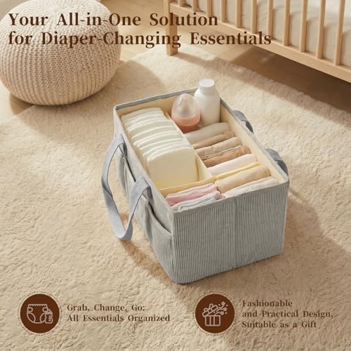 Baby Diaper Caddy Organizer with Portable Changing Mat-Portable Baby Organizers and Storage, Gift for Baby Shower, Corduroy Baby Essentials Organizer with Removable Dividers (Gray) - Image 3