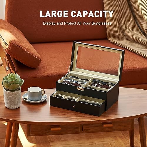 CO-Z Sunglasses Organizer with 12 Slots, Multiple Eyeglasses Eyewear Display Case for Women Men, 2 Story Leather Multi Sunglasses Jewelry Collection Holder with Drawer - Image 3