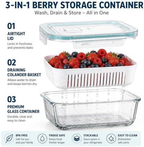 2 Pack 56oz Glass Berry Container for Fridge,with Removable Colander and Vent Valve,Fresh Fruit and Vegetable Storage Set - Image 3