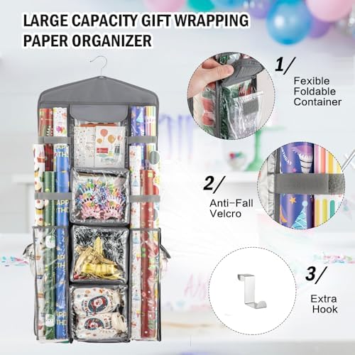 Christmas Wrapping Paper Organizer Storage, Hanging Gift Bag Storage Organizer, Double-Sided Wrapping Paper Holder Storage - Grey - Image 6