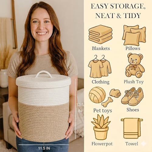 Lidded Storage Basket, Medium Brown & White Cotton Rope Basket - Image 2
