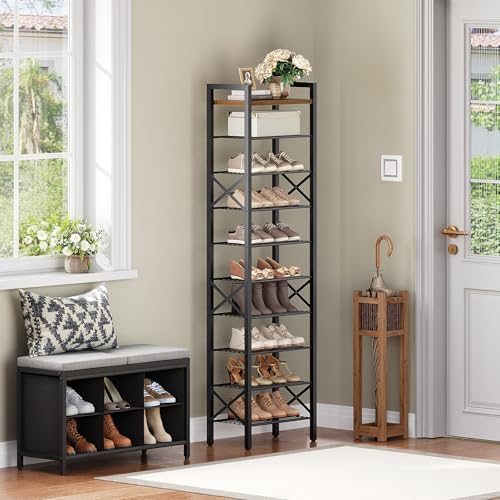 YATINEY 10-Tier Narrow Shoe Rack, Tall Shoe Rack for 10-20 Pairs, Slim Shoe Storage Organizer with Wooden Top, Space Saving, Metal Frame, for Entryway, Rustic Brown and Black SS68BR - Image 2